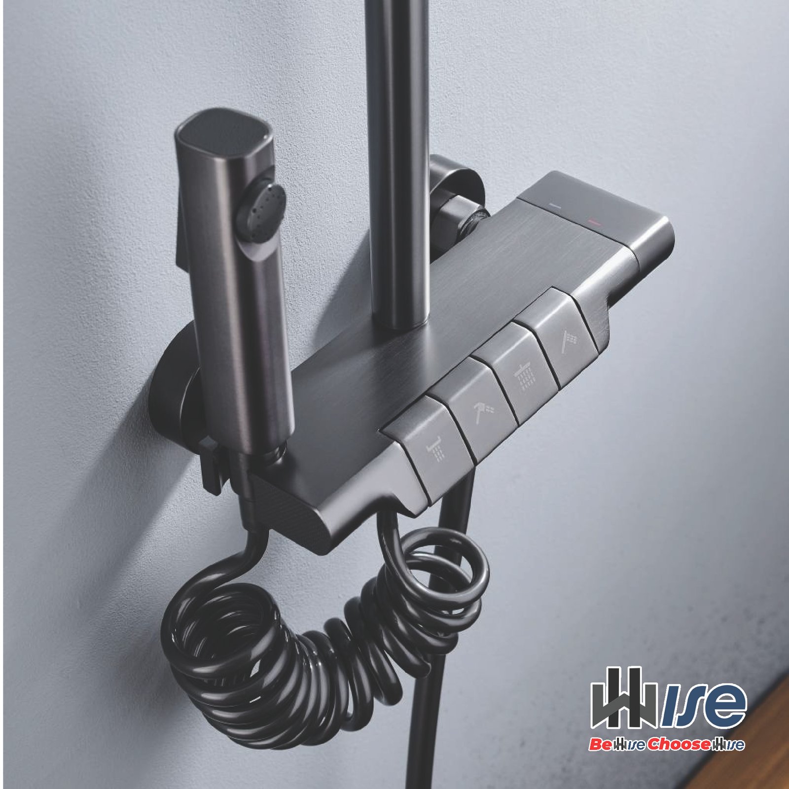 Black multifunction shower control with hand sprays